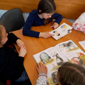 Uczennice czytają książki w bibliotece.